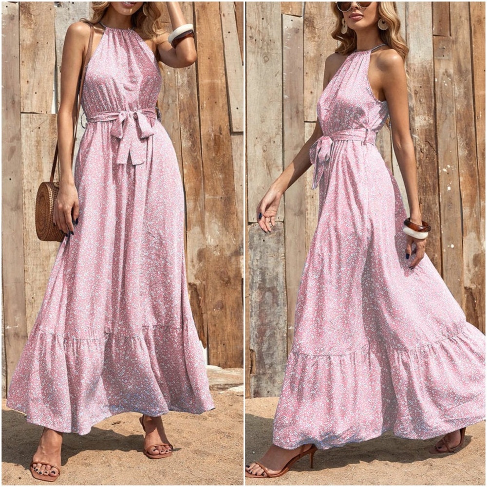 Boho Red Floral Print Ruffle Halter Maxi Dress - Picture 7 of 7